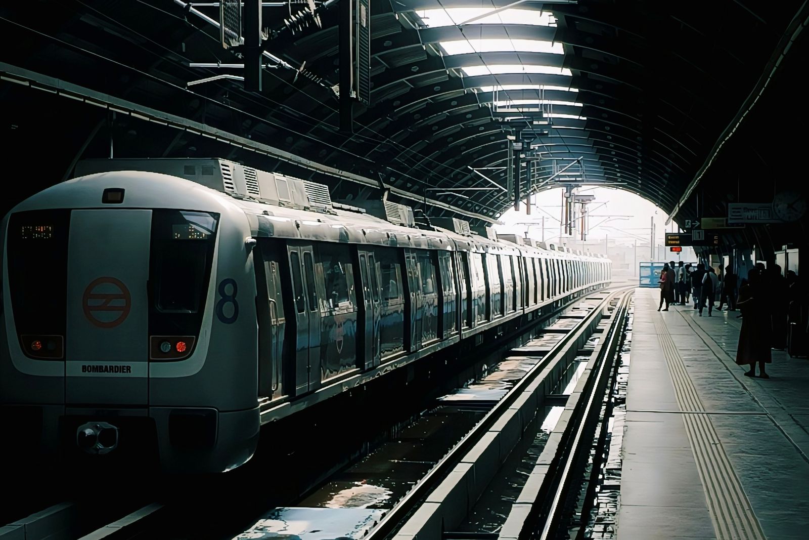 A metro train waiting at a quiet station platform